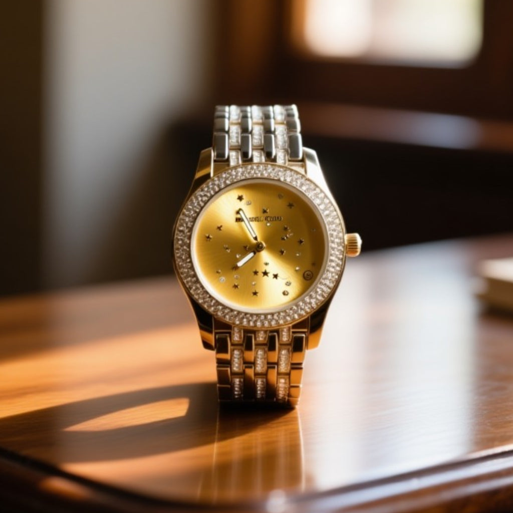 Michael Kors Elegant crystal Gold Dial Watch for Women